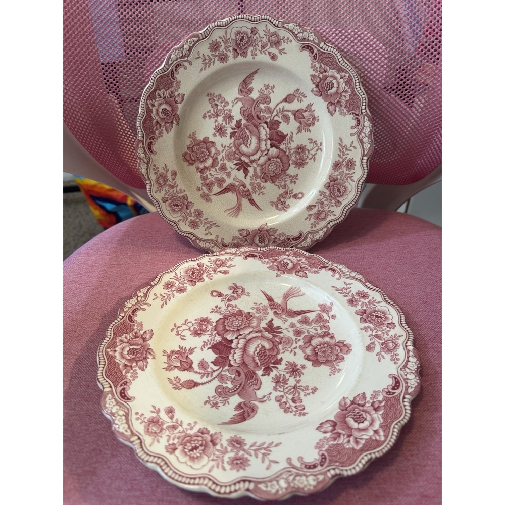 Crown Ducal Bristol Pink Dinner Plates Set 2 English Transferware 9.75" 762055